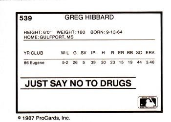 1987 ProCards #539 Greg Hibbard Back