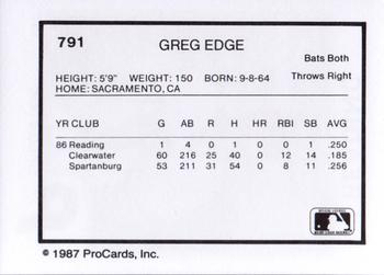 1987 ProCards #791 Greg Edge Back