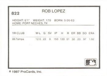 1987 ProCards #822 Rob Lopez Back