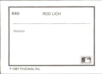 1987 ProCards #840 Rod Lich Back