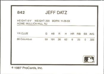 1987 ProCards #842 Jeff Datz Back