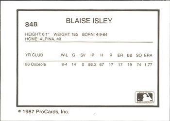 1987 ProCards #848 Blaise Ilsley Back