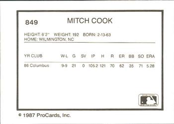 1987 ProCards #849 Mitch Cook Back