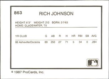 1987 ProCards #863 Rich Johnson Back