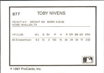 1987 ProCards #877 Toby Nivens Back