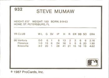 1987 ProCards #932 Steve Mumaw Back