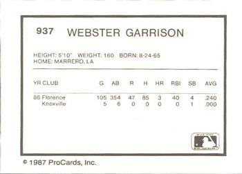 1987 ProCards #937 Webster Garrison Back