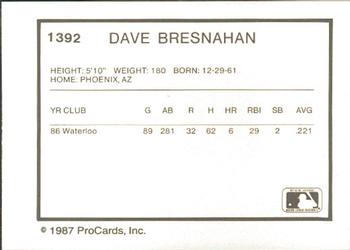 1987 ProCards #1392 Dave Bresnahan Back
