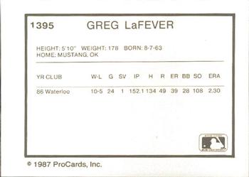 1987 ProCards #1395 Greg LaFever Back