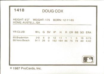 1987 ProCards #1418 Doug Cox Back
