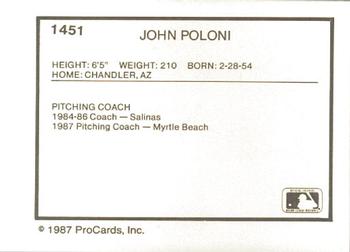 1987 ProCards #1451 John Poloni Back
