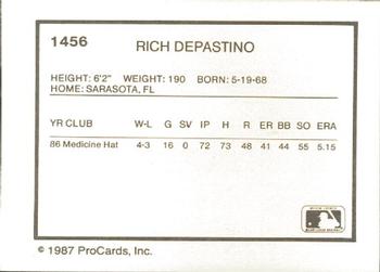 1987 ProCards #1456 Rich DePastino Back