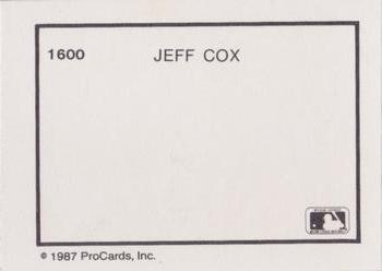 1987 ProCards #1600 Jeff Cox Back