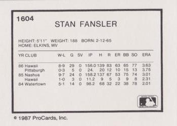 1987 ProCards #1604 Stan Fansler Back