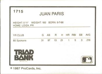1987 ProCards #1715 Juan Paris Back