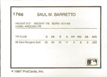 1987 ProCards #1766 Saul Barretto Back