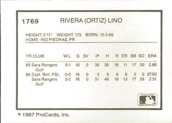 1987 ProCards #1769 Lino Rivera Back