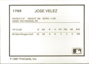 1987 ProCards #1785 Jose Velez Back