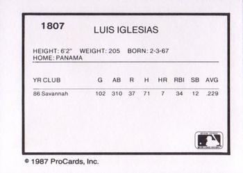 1987 ProCards #1807 Luis Iglesias Back