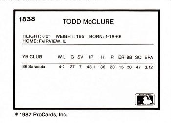 1987 ProCards #1838 Todd McClure Back