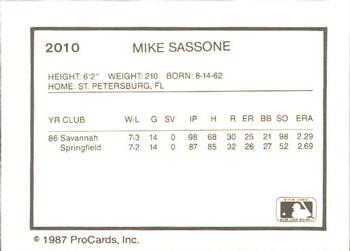 1987 ProCards #2010 Mike Sassone Back