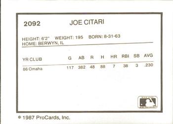 1987 ProCards #2092 Joe Citari Back