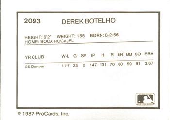 1987 ProCards #2093 Derek Botelho Back