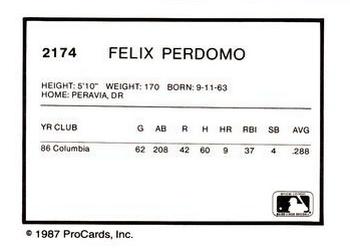 1987 ProCards #2174 Felix Perdomo Back