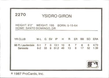 1987 ProCards #2270 Ysidro Giron Back