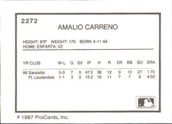1987 ProCards #2272 Amalio Carreno Back
