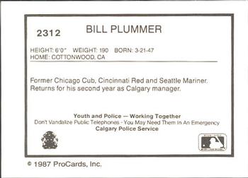 1987 ProCards #2312 Bill Plummer Back
