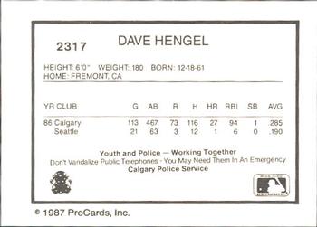 1987 ProCards #2317 Dave Hengel Back