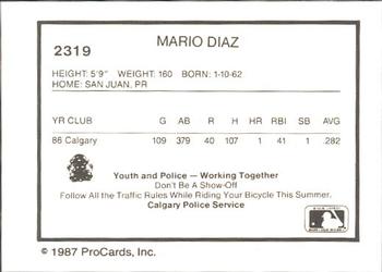 1987 ProCards #2319 Mario Diaz Back