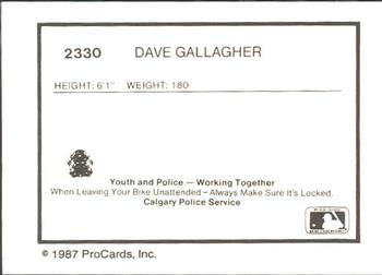 1987 ProCards #2330 Dave Gallagher Back