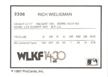 1987 ProCards #2336 Rich Wieligman Back