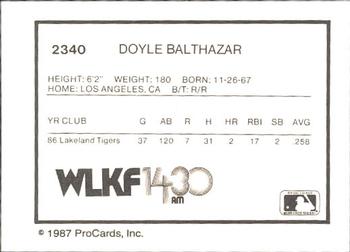 1987 ProCards #2340 Doyle Balthazar Back