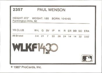 1987 ProCards #2357 Paul Wenson Back