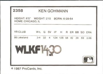 1987 ProCards #2358 Ken Gohmann Back