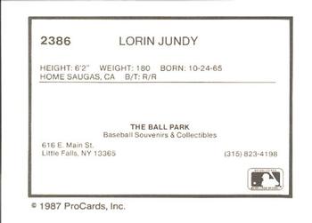 1987 ProCards #2386 Lorin Jundy Back