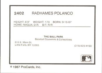1987 ProCards #2402 Radhames Polanco Back