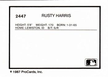 1987 ProCards #2447 Rusty Harris Back