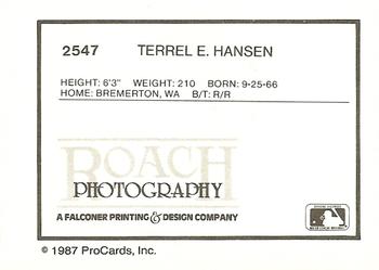 1987 ProCards #2547 Terrel Hansen Back