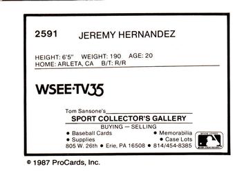 1987 ProCards #2591 Jeremy Hernandez Back