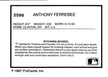 1987 ProCards #2596 Anthony Ferrebee Back