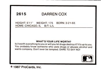 1987 ProCards #2615 Darren Cox Back