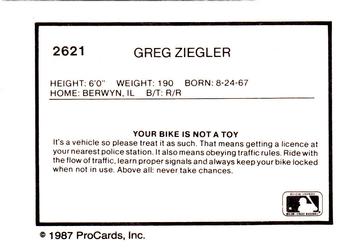 1987 ProCards #2621 Greg Ziegler Back