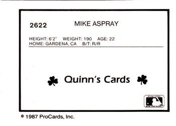 1987 ProCards #2622 Mike Aspray Back