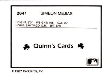 1987 ProCards #2641 Simeon Mejias Back
