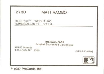 1987 ProCards #2730 Matt Rambo Back