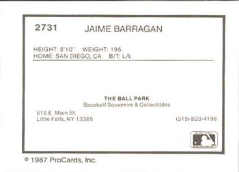 1987 ProCards #2731 Jaime Barragan Back